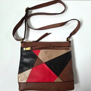 Fossil Purse Brown Red Gold Patchwork Leather Crossbody Bag Preppy Boho